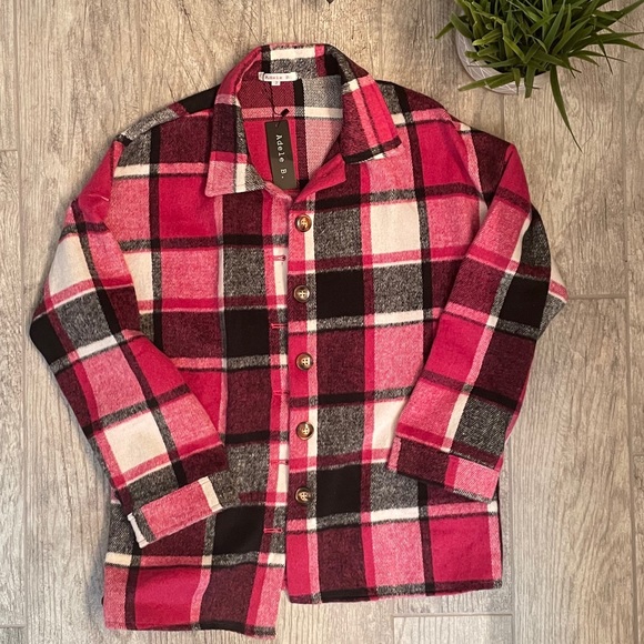 Adele B. Pink, White, Black Plaid Fleece “Shacket” - Picture 2 of 4